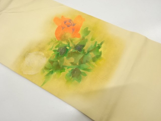 塩瀬　手描き　薔薇模様　名古屋帯